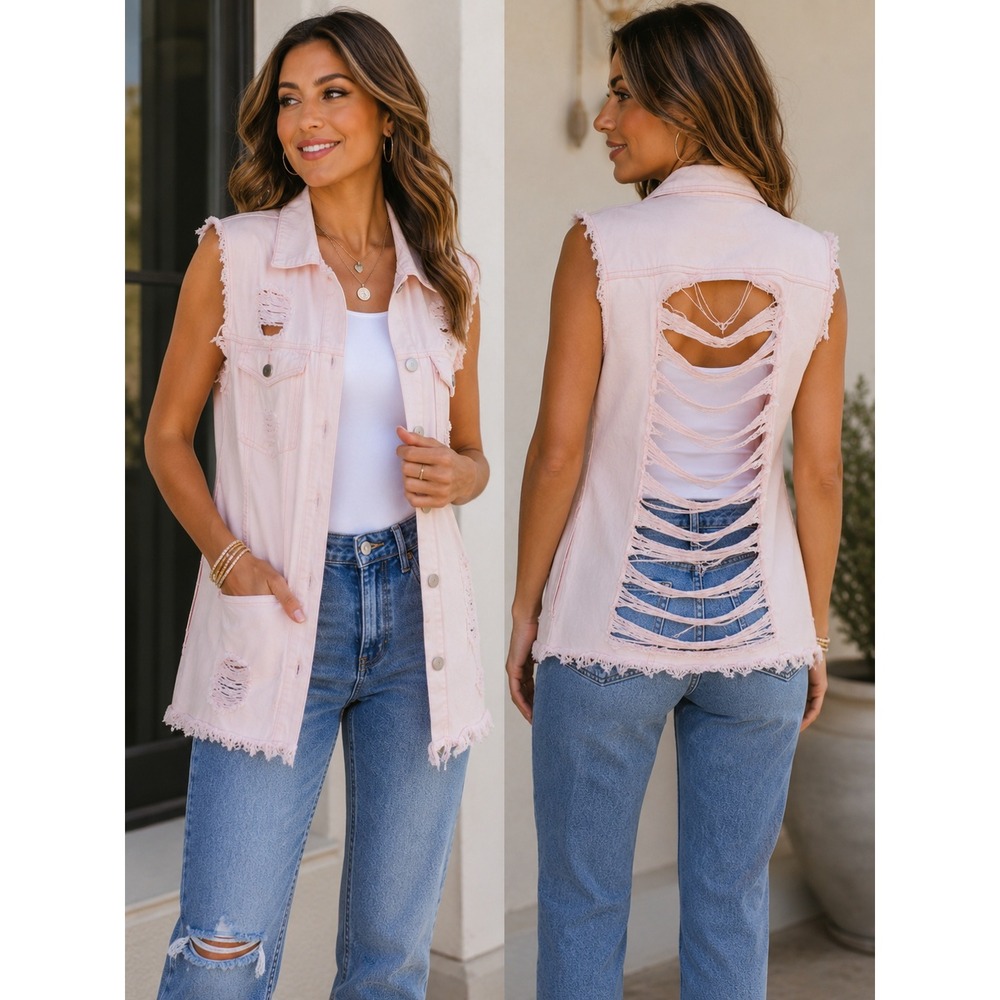 Women's Pink Distressed Denim Long Vest Sleeveless Jacket Y2K Moto Boho Festival
